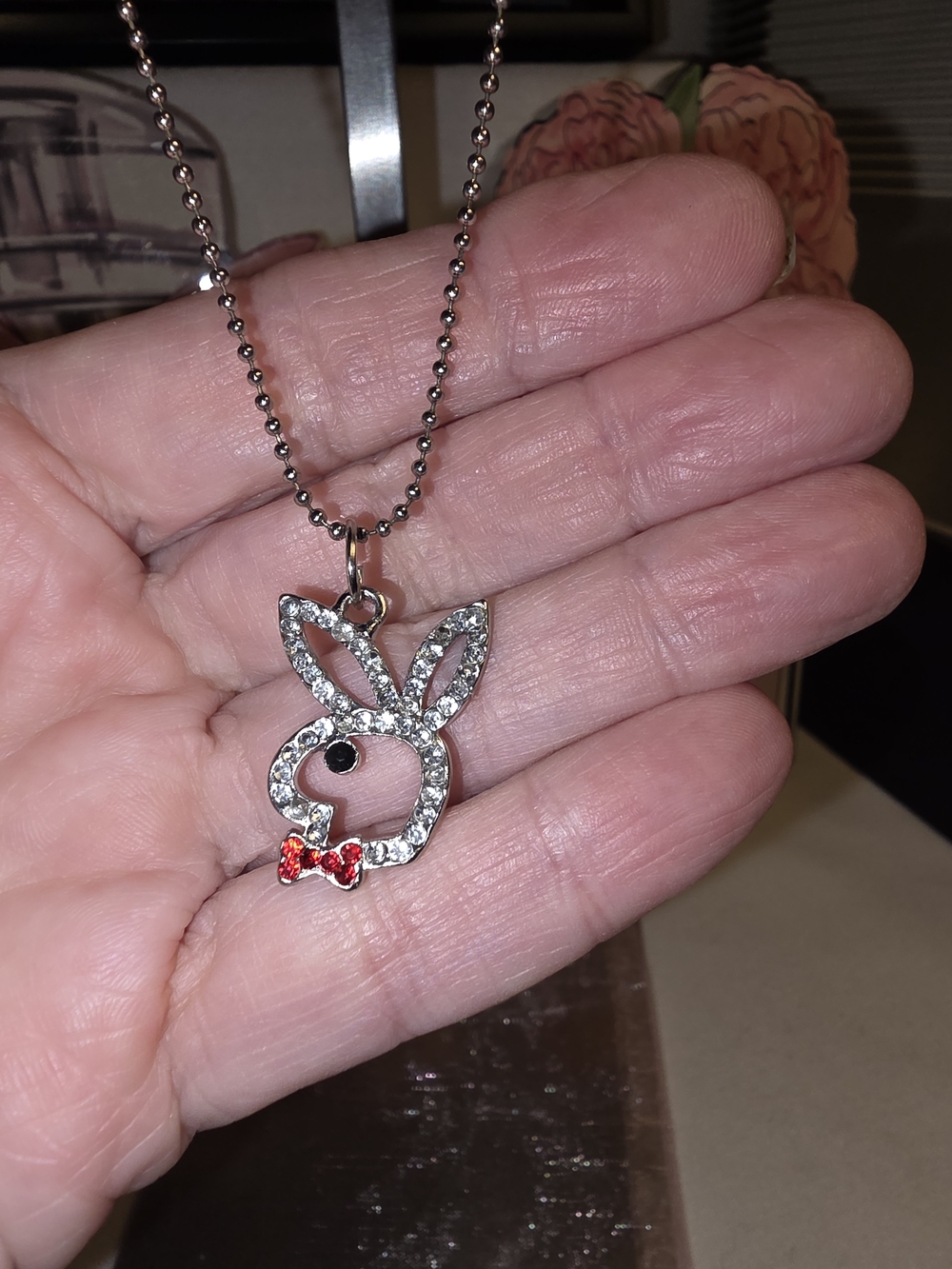Silver Crystal PlayBoy Bunny Charm w/Necklace